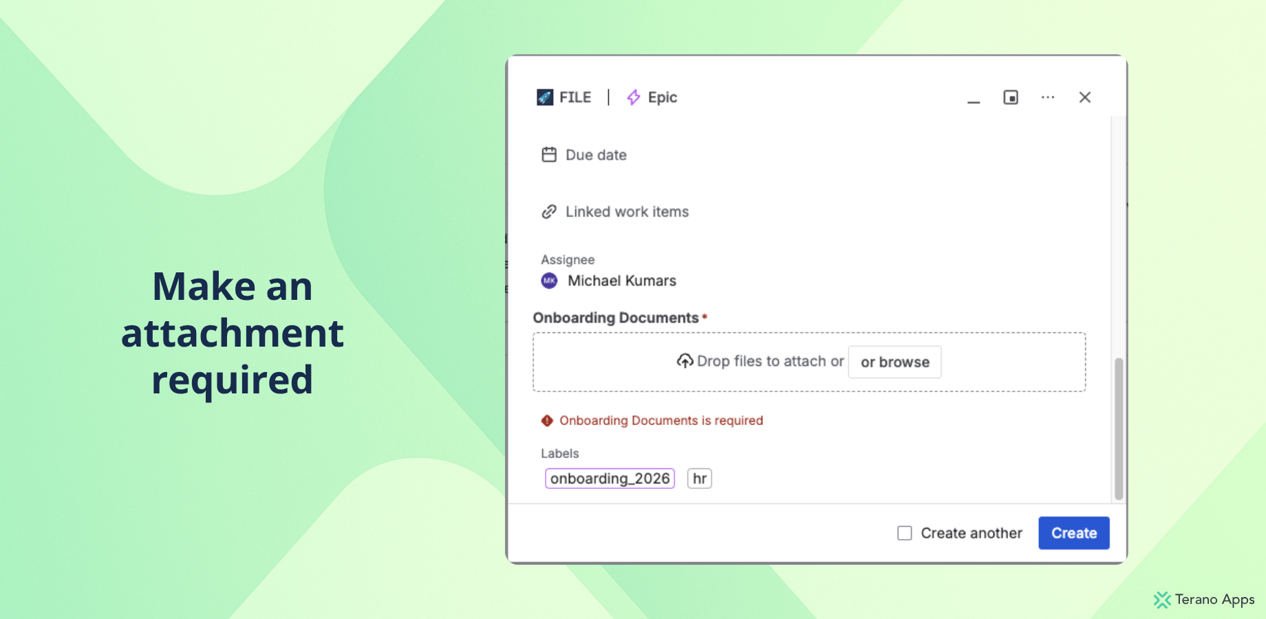 A create-issue form with the Onboarding Documents field marked required — Jira's asterisk and an "Onboarding Documents is required" validation error.
