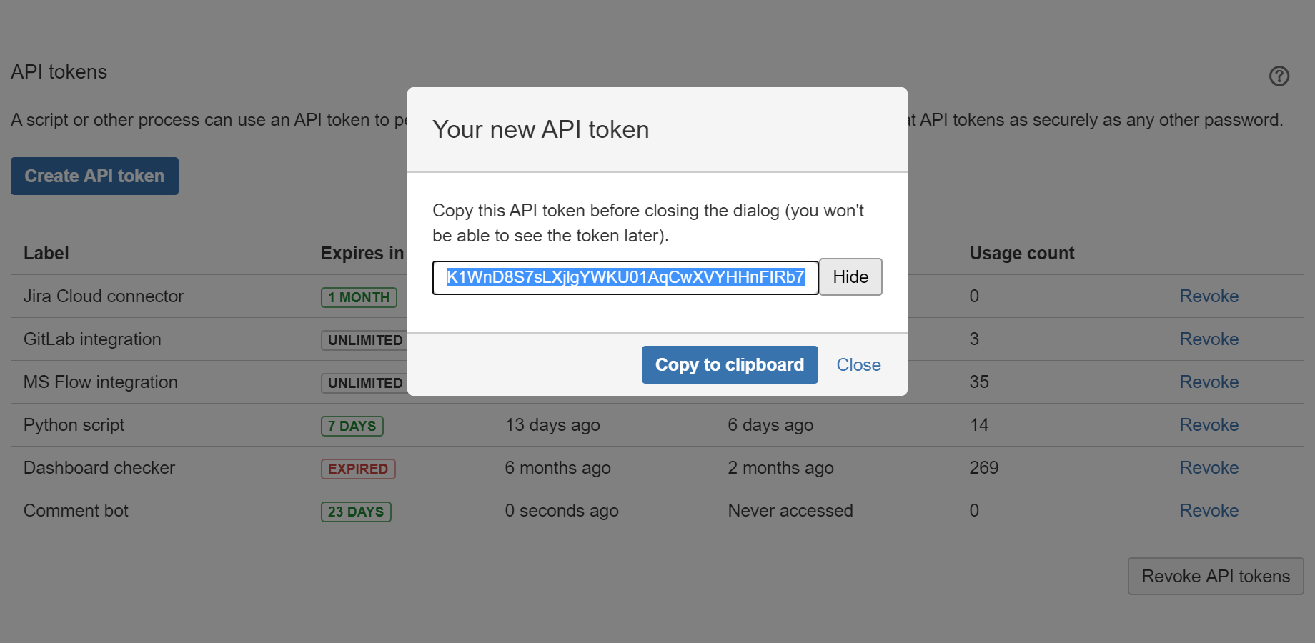 Copy the token once—it’s never shown again. Use it securely in scripts instead of exposing user passwords