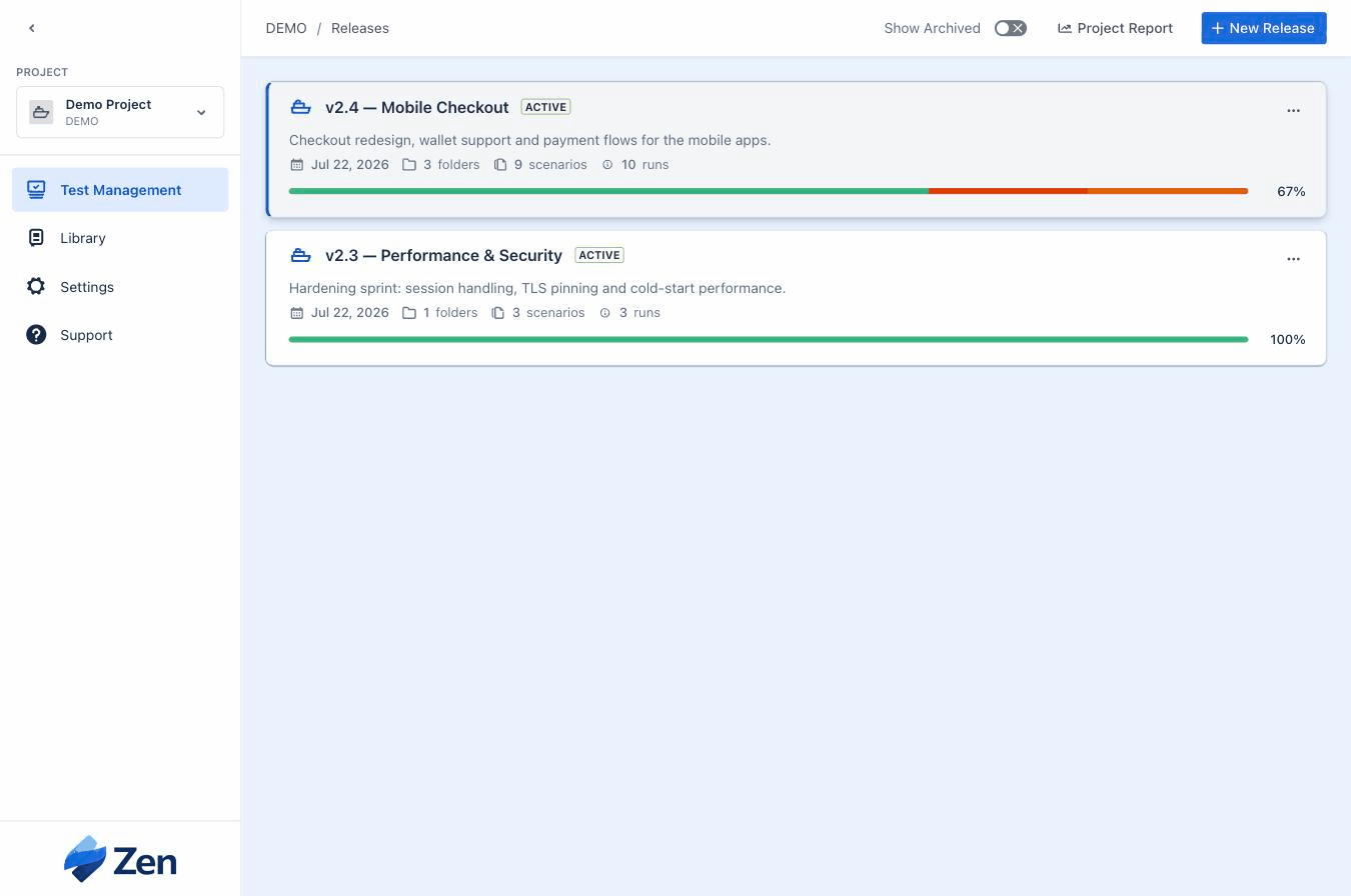 The Releases board: each release card shows its folders, scenarios, and runs with a live progress bar and completion percentage