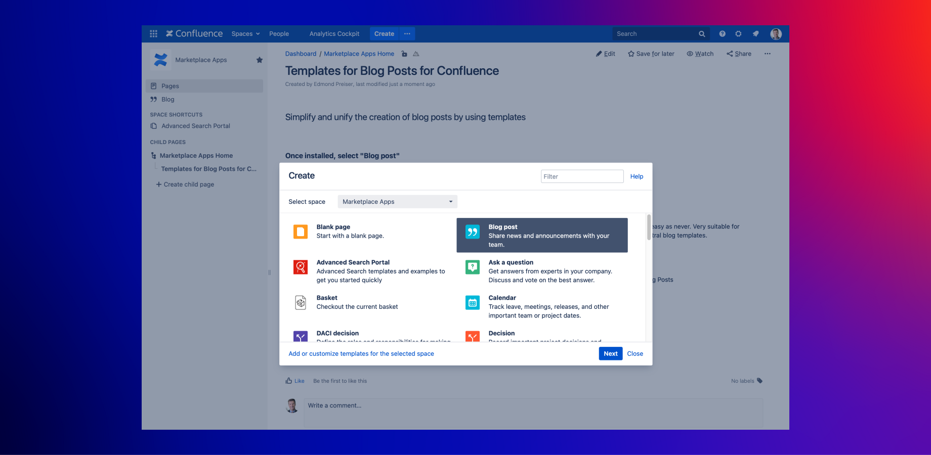 Once installed, the blog post templates are available through the "Blog post" blueprint and displayed in the "Create" dialogue.