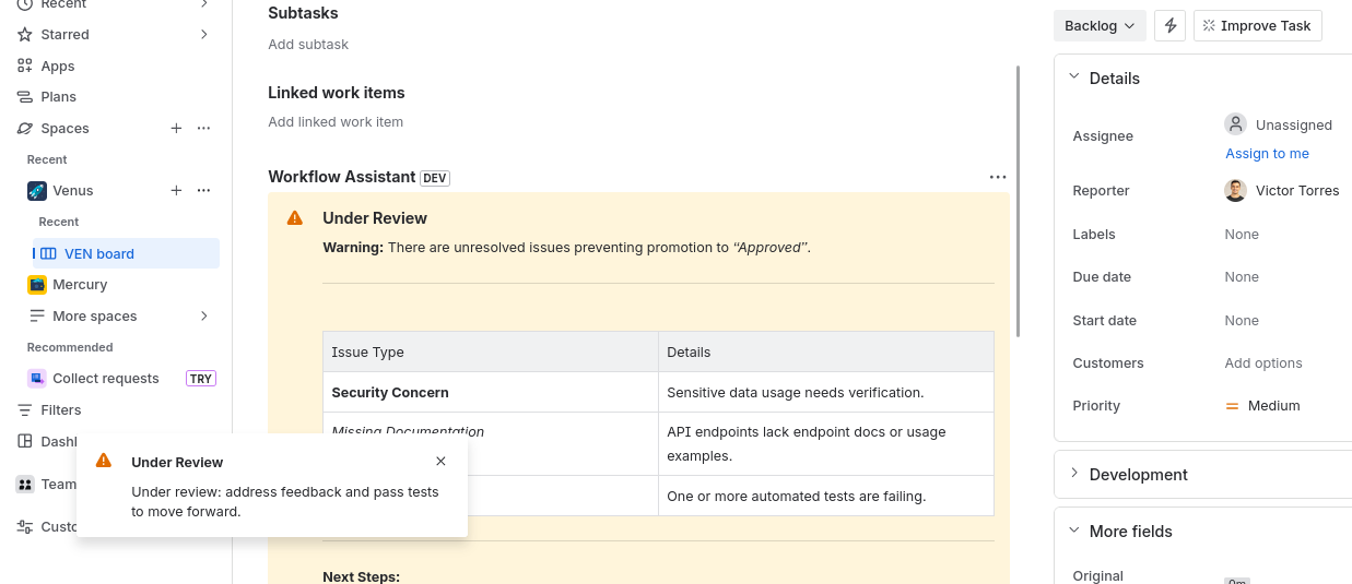 The work item view showing the Issue Panel and Flag Notification in the same screen.