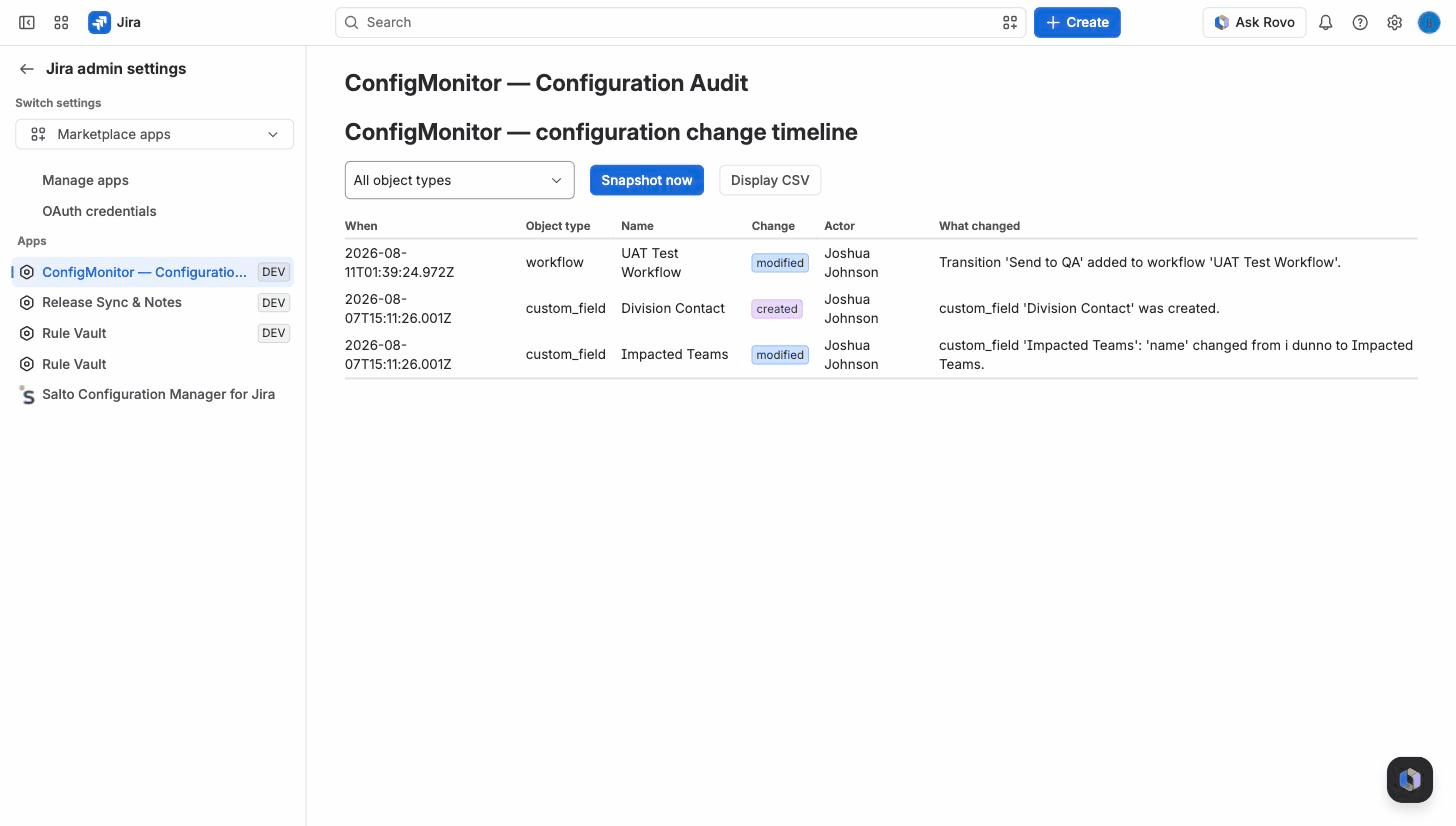 The ConfigMonitor timeline in Jira: a workflow transition, a new custom field, and a field rename — each with a before/after summary and the administrator who made the change.