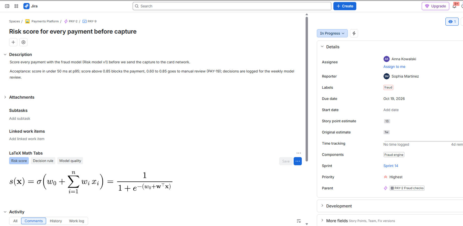 The pricing formula typeset in a tab on the Jira issue that changes it.
