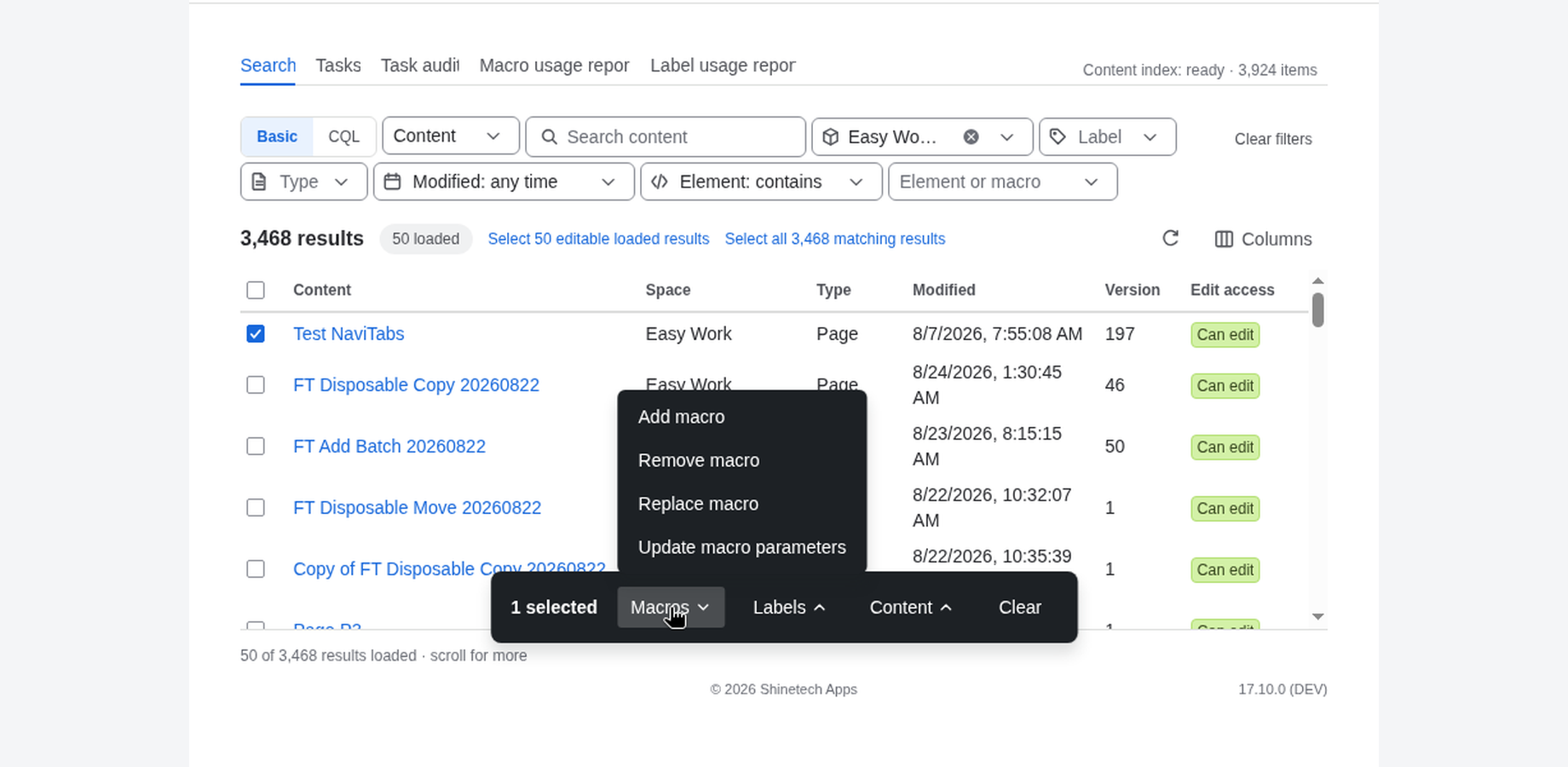 Workbench Search: filters, results, and the Macros / Labels / Content bar on a selection.