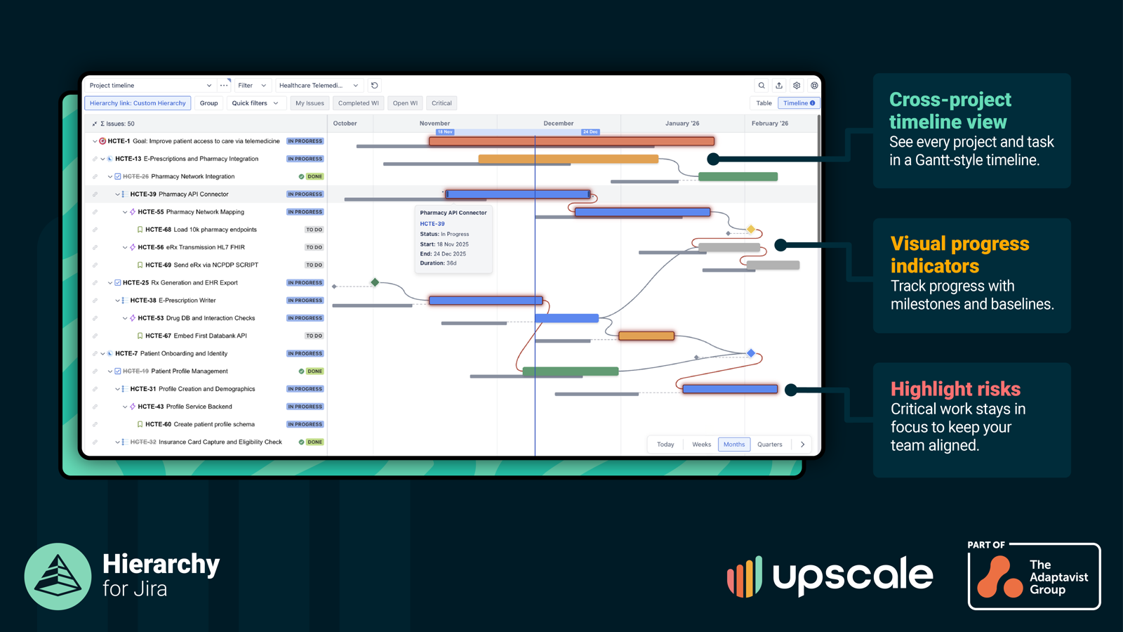 See project schedules in drag-and-drop Gantt-style timelines. View multiple projects across your portfolio, drag to adjust dates, track progress, and see key insights by hovering over the timeline bars.