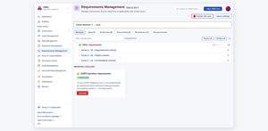 Requirements Management: ISO 27001 clauses and Annex A structure, with tabs for review due, SoA pending and renewal due (sample data).