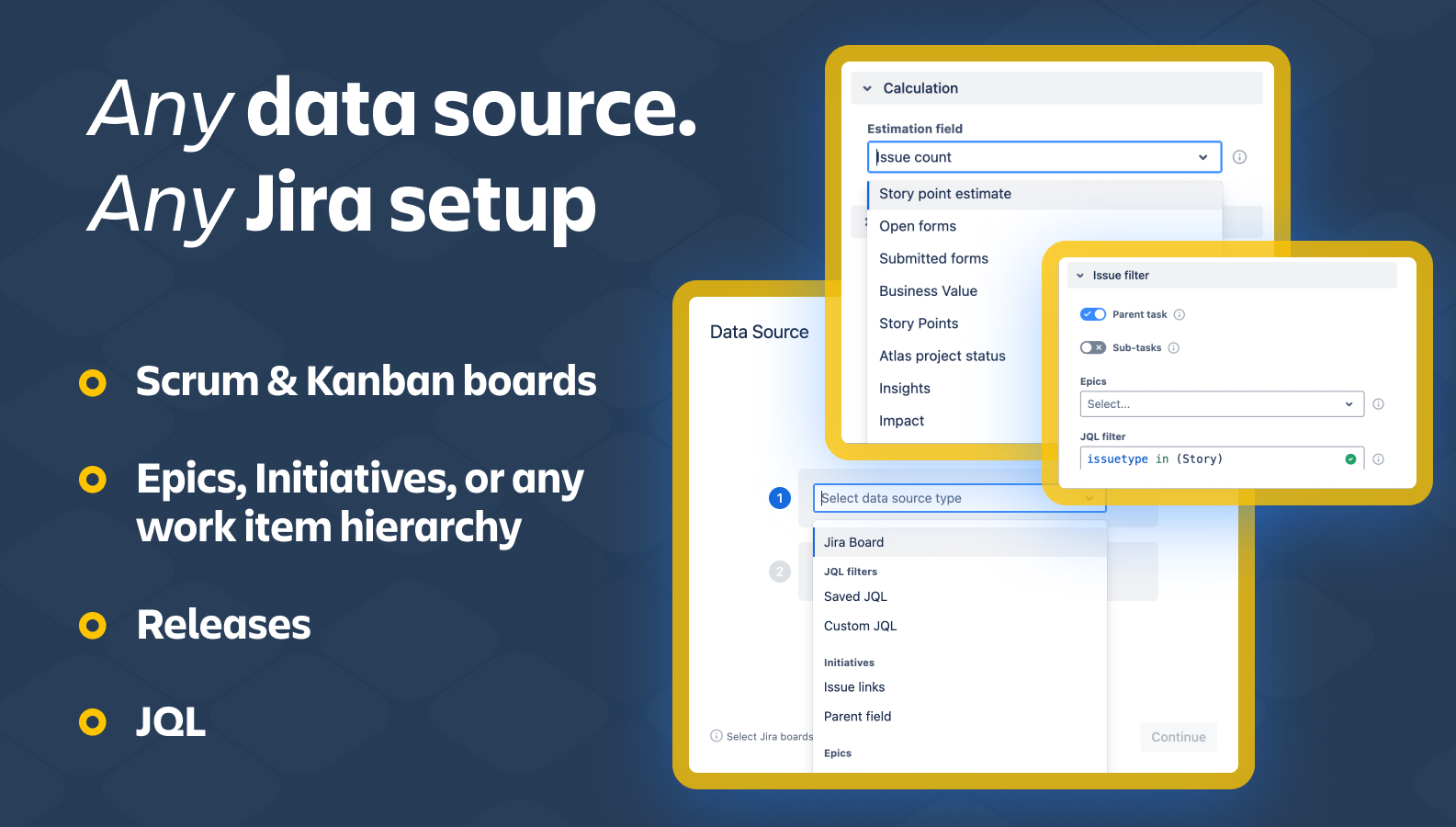Reports for Scrum, Kanban, or Scaled Agile setup in Jira. Build charts and apply comprehensive set of advanced settings to march your custom process setup in Jira