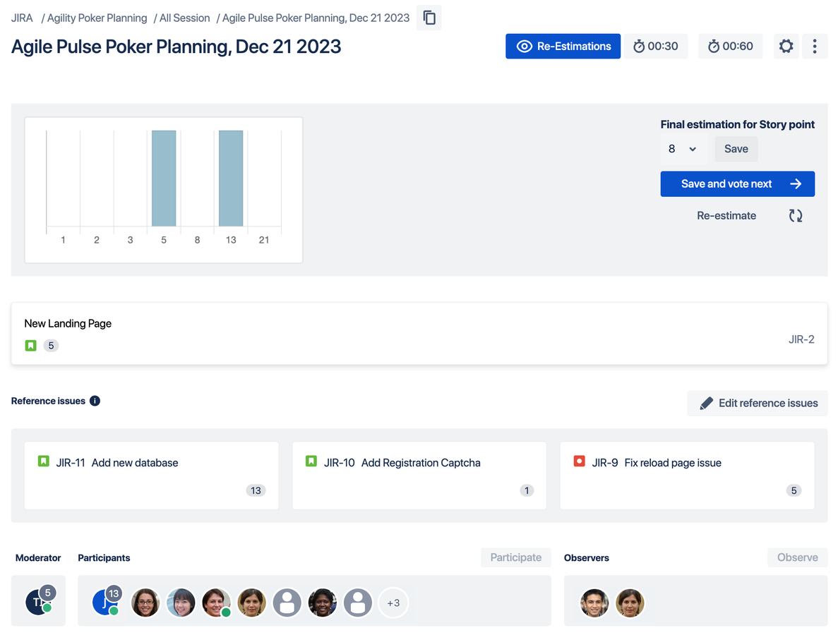 The interface displays live voting by team members, enabling open discussion and final decision-making, all within a user-friendly moderator-controlled environment.