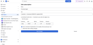 Pick a JQL, a cadence and a grouping. Broken JQL pauses the subscription with Jira's own error.