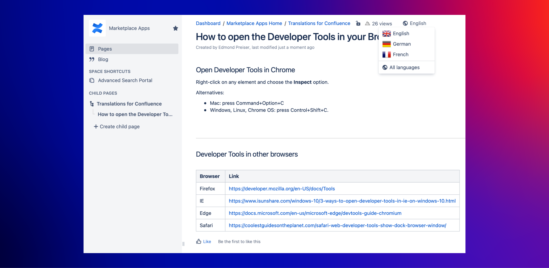 Use the handy drop-down menu to switch between all available languages on your page.