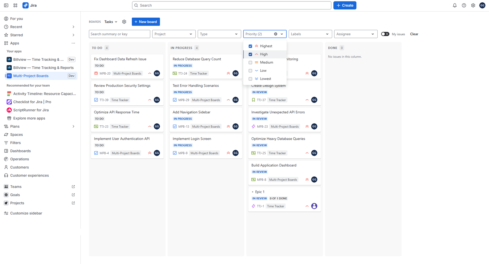 The board view with the filter bar open — narrow issues by project, issue type, priority, labels, or assignee, or search by summary or key