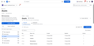 Assets organised in schemas and object types, like Jira Assets. Records feed the risk forms, so every risk points at what it threatens.
