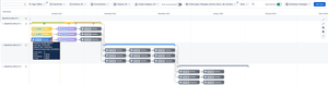Use case of using the App for PI planning and execution. Packages are representing PIs encompassing Sprints from multiple teams, their progress and dependencies. PIs have trackable intermediate milestones outlined.