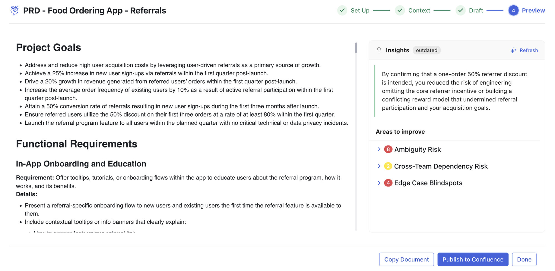 The Preview step: Insights lists the areas to improve with open gap counts, and Publish to Confluence creates the page.