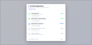 Staging branch assembly pipeline (running state with spinner)