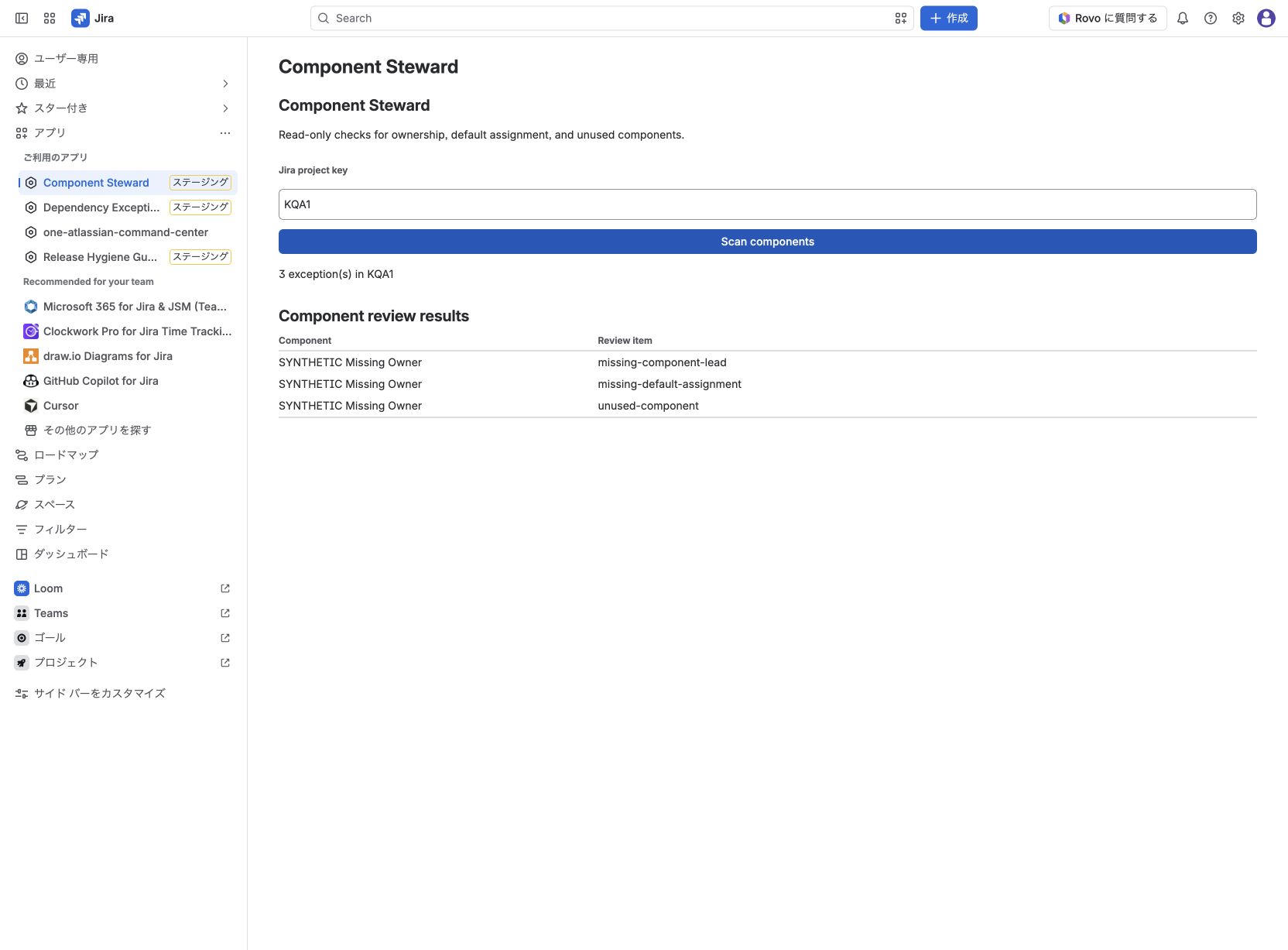 Actual project-key component review on the QA site with synthetic data.