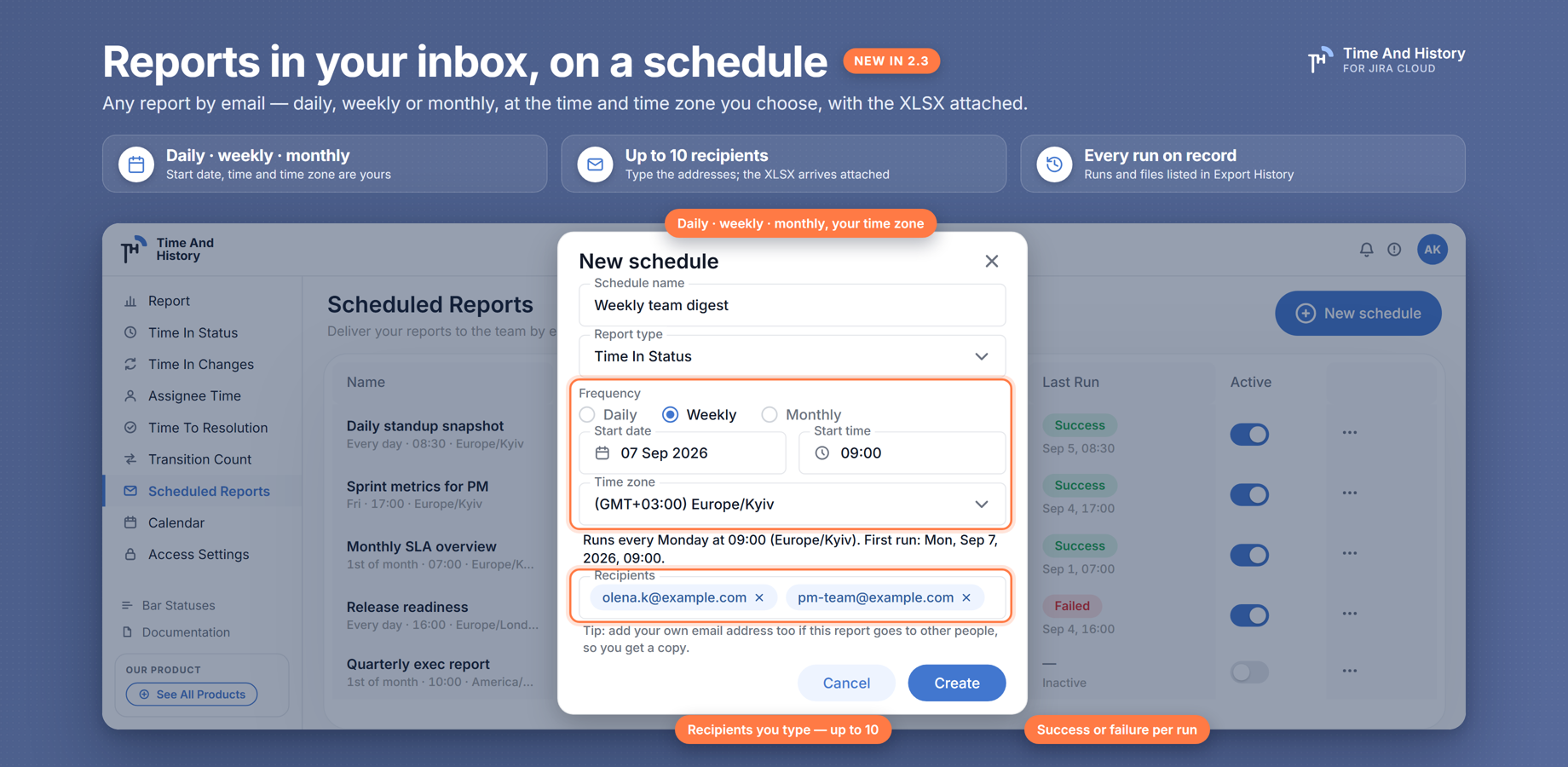 Time in Status or any report by email on a schedule — daily, weekly or monthly, at the time and zone you choose, with the filters set on the report page. XLSX attached, up to 10 recipients, every run in Export History.