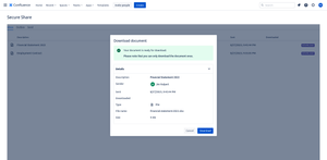 After following the link in the email, the recipient is directed to their inbox where they can view the document's details and download it. Copying and pasting decryption keys is not necessary.