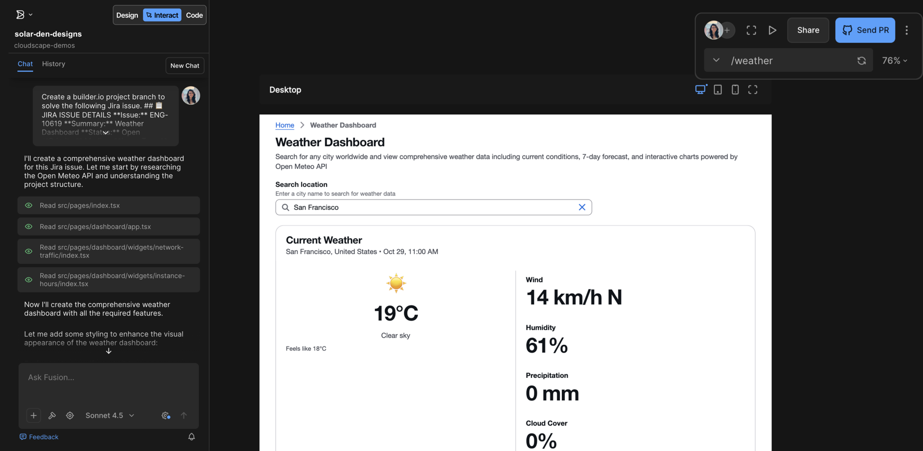 The Builder.io interface. It shows a weather dashboard in the preview, a chat section where the agent describes the work it did, and an option to send a PR.