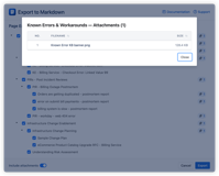 Click the attachment badge on any page to preview its files before exporting — filename and size are listed clearly so you know exactly what will be included in the ZIP download