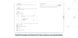 The header settings: the document name as text on the left and a logo on the right, each with its own size and alignment, beside a preview of the header that prints at the top of every page.