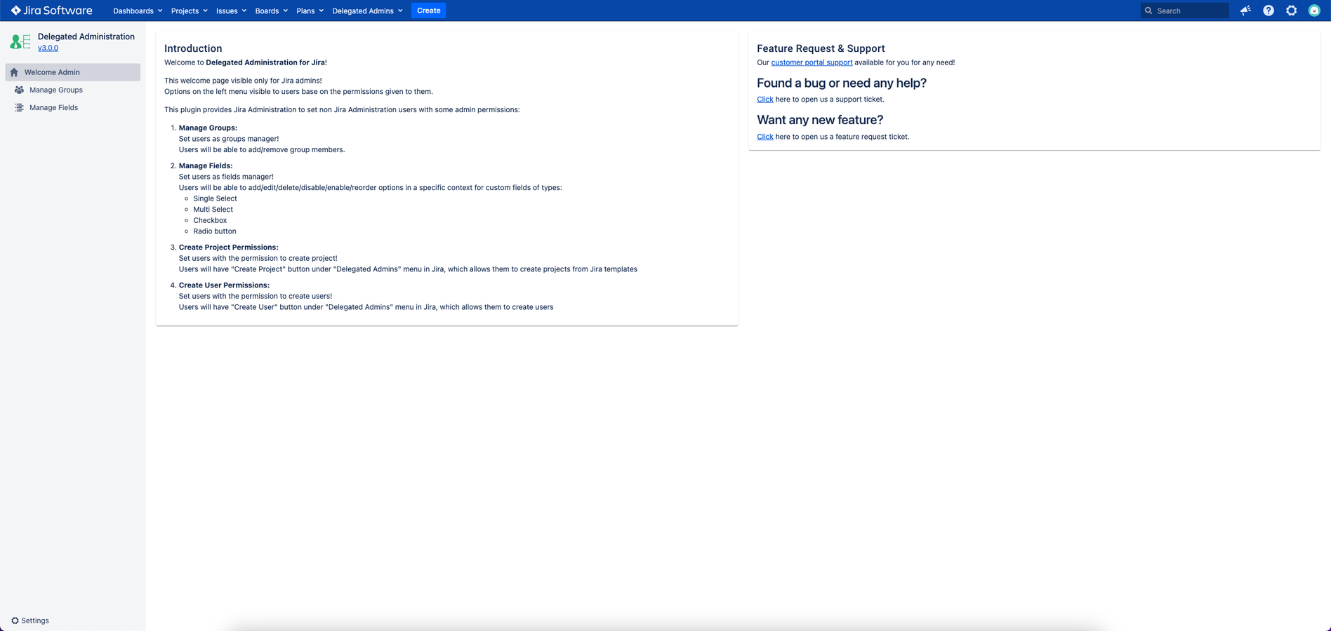 Settings Admin Welcome Page
