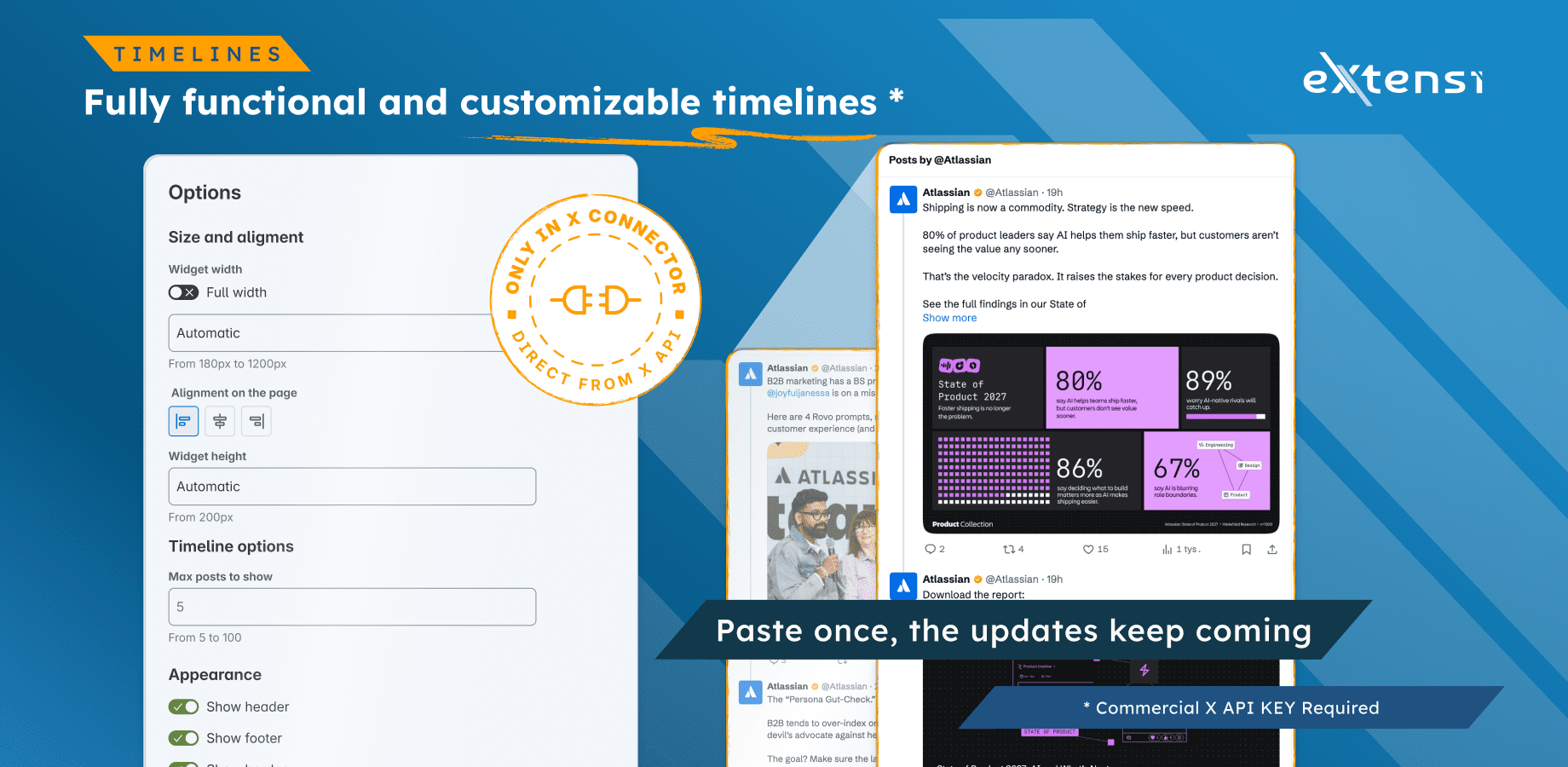 An app-rendered profile timeline in Confluence, with width, optional height, maximum posts and appearance settings. New posts depend on X access and cache refreshes; the default interval is 24 hours.