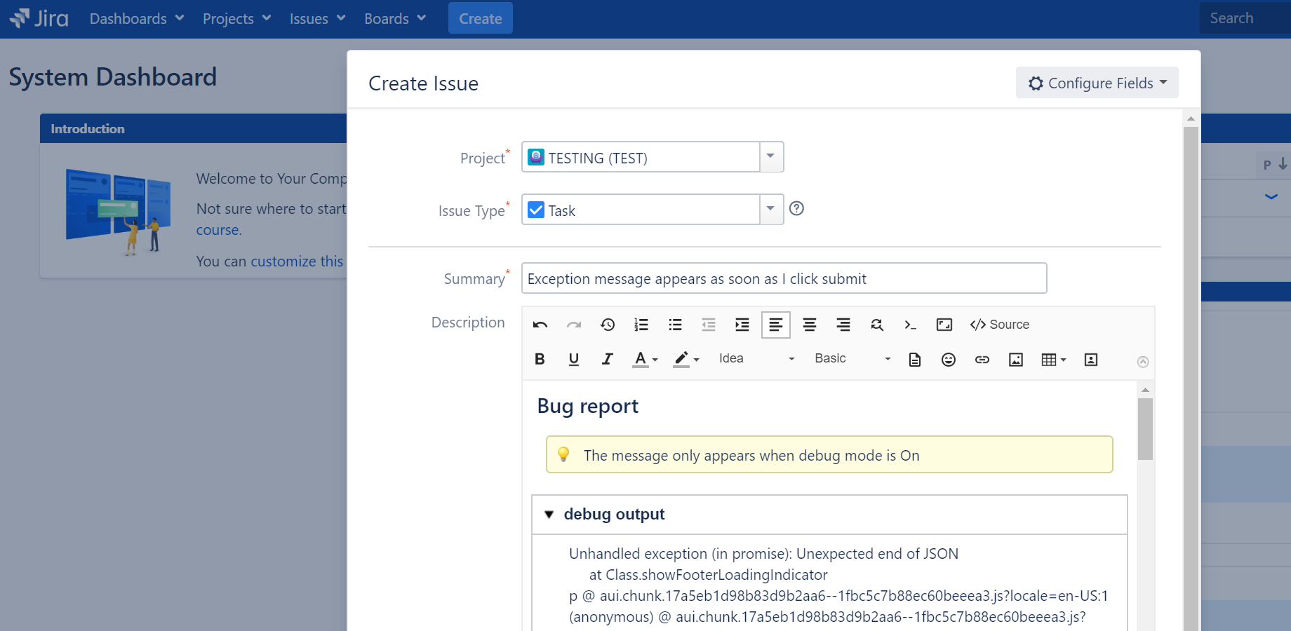 JEditor in the Create Issue dialog