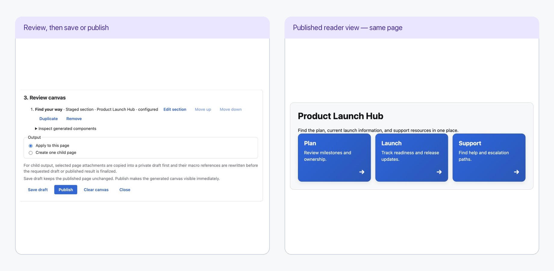 Left: the staged review step. Right: the same page after an explicit publish.