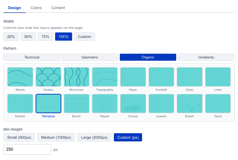 The Background macro config panel with 64 patterns across four category tabs, three color pickers, width control and a live preview of the selected design.