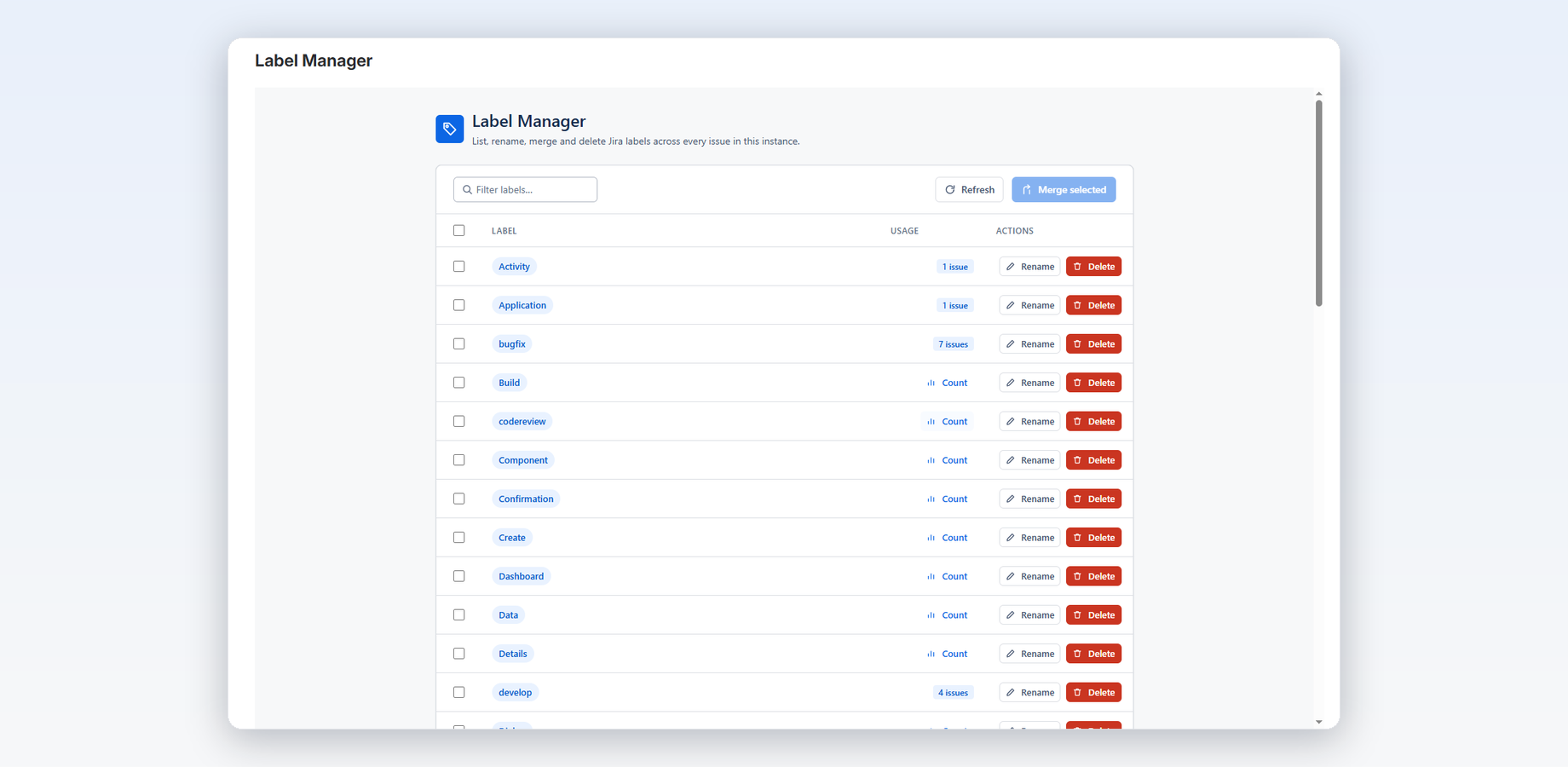 The main view lists every label with on-demand usage counts. Filter as you type and act on any label directly from the row.