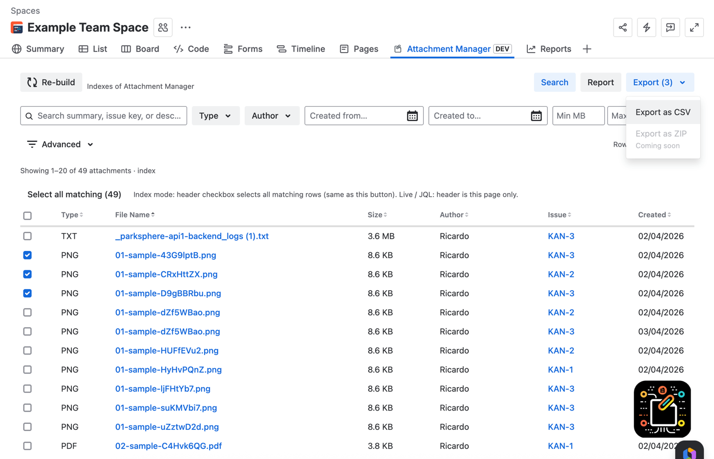 Select elements you want to export, or click in the file name to download the file