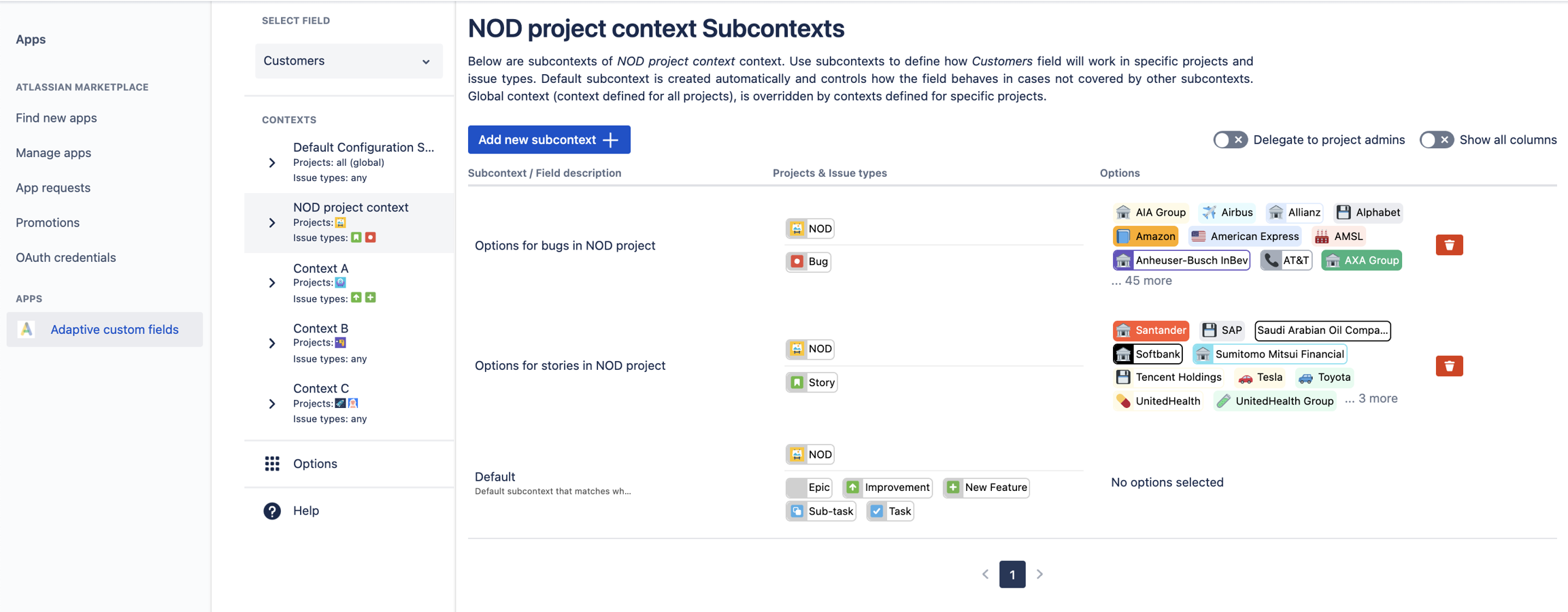 For example a different set of options for different issue types in the same project. In the example Bugs from project NOD have different set of options than Stories from NOD project. Custom fields editor.