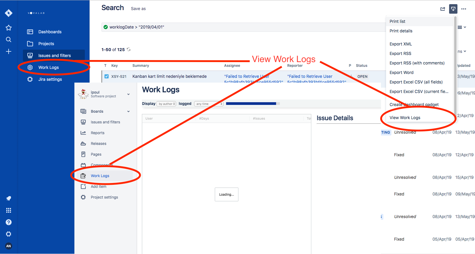 Just click on the “View Work Logs” on Jira navigation bar for recent issues, on project sidebar for all issues of the project or on export options of the issue search screen for the searched issues