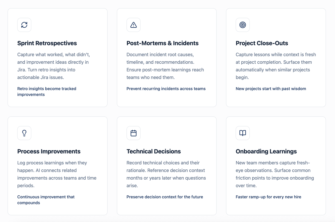 Sprint Retrospectives, Post-Mortems & Incidents,Project Close-Outs, Process Improvements, Technical Decisions, Onboarding Learnings.