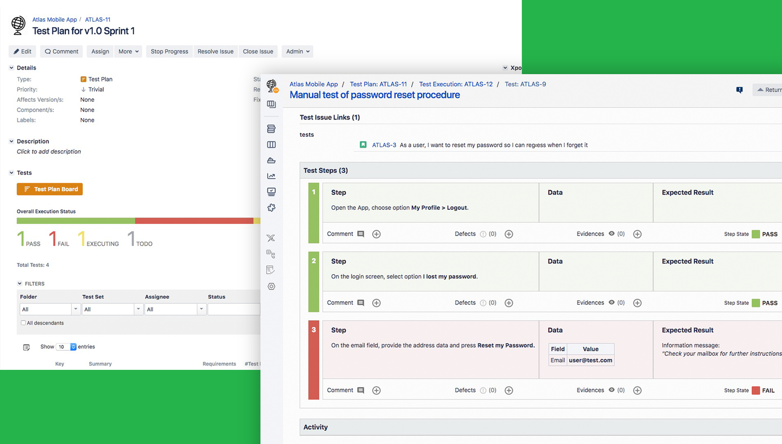 See the overall progress of your test executions or test plans with progress bars.
Execute the manual steps in an intuitive manner and attach evidences, leave comments, create defects, at test or step level.