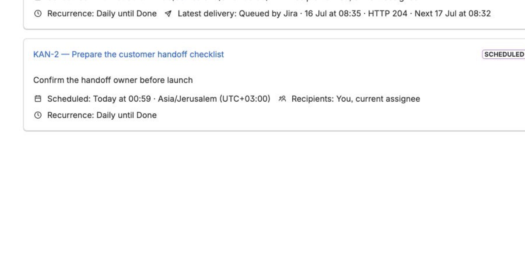 The HandoffPing page separates reminders you created from reminders sent to you and shows schedule status and available actions.