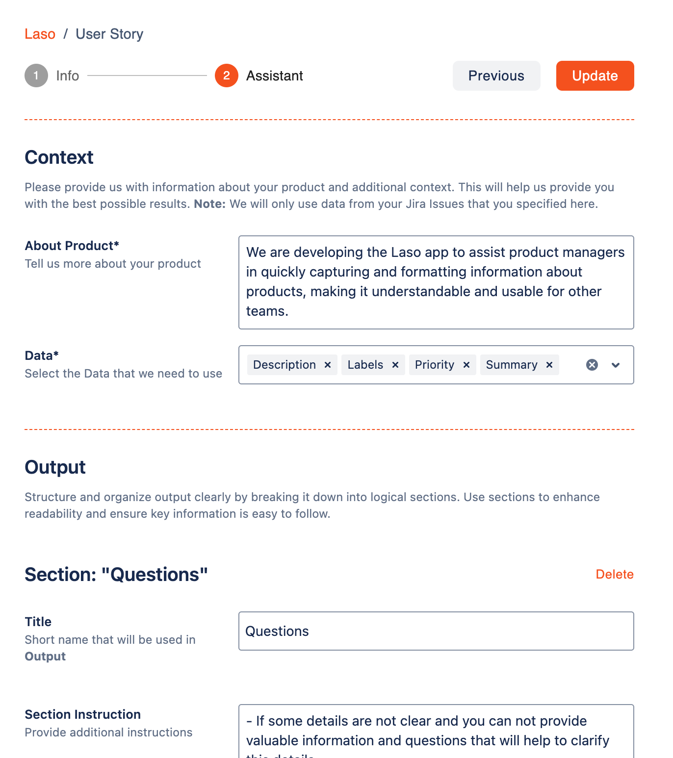 Easily add product-specific context, choose which Jira ticket fields to use, and create multiple sections with custom titles and instructions to fine-tune the formatting of your results