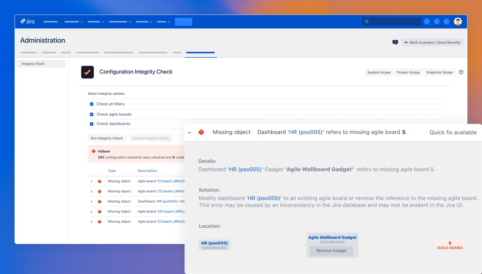 Resolve the most common problems in Jira configurations with a single click. Quick fixes help you detect configuration errors automatically and save you time and a tremendous amount of tedious, risky work.