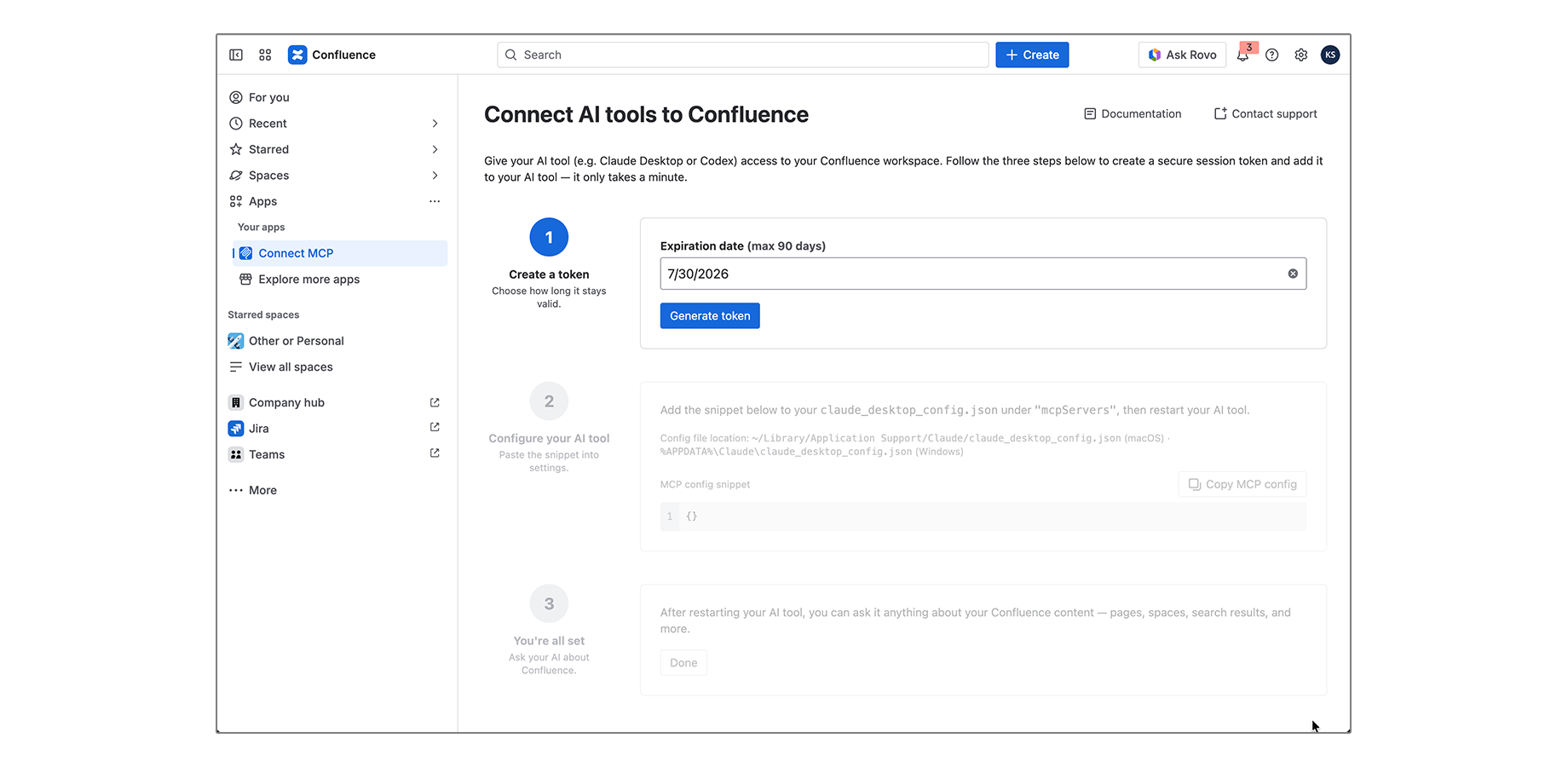 The Connect MCP page: generate an expiring session token and copy the config snippet to paste into Claude Desktop's settings.