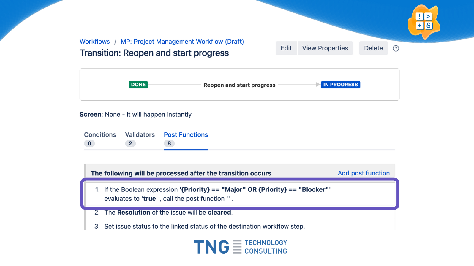 Integrate your business logic in workflow transitions by using universal conditions, validators and post functions.