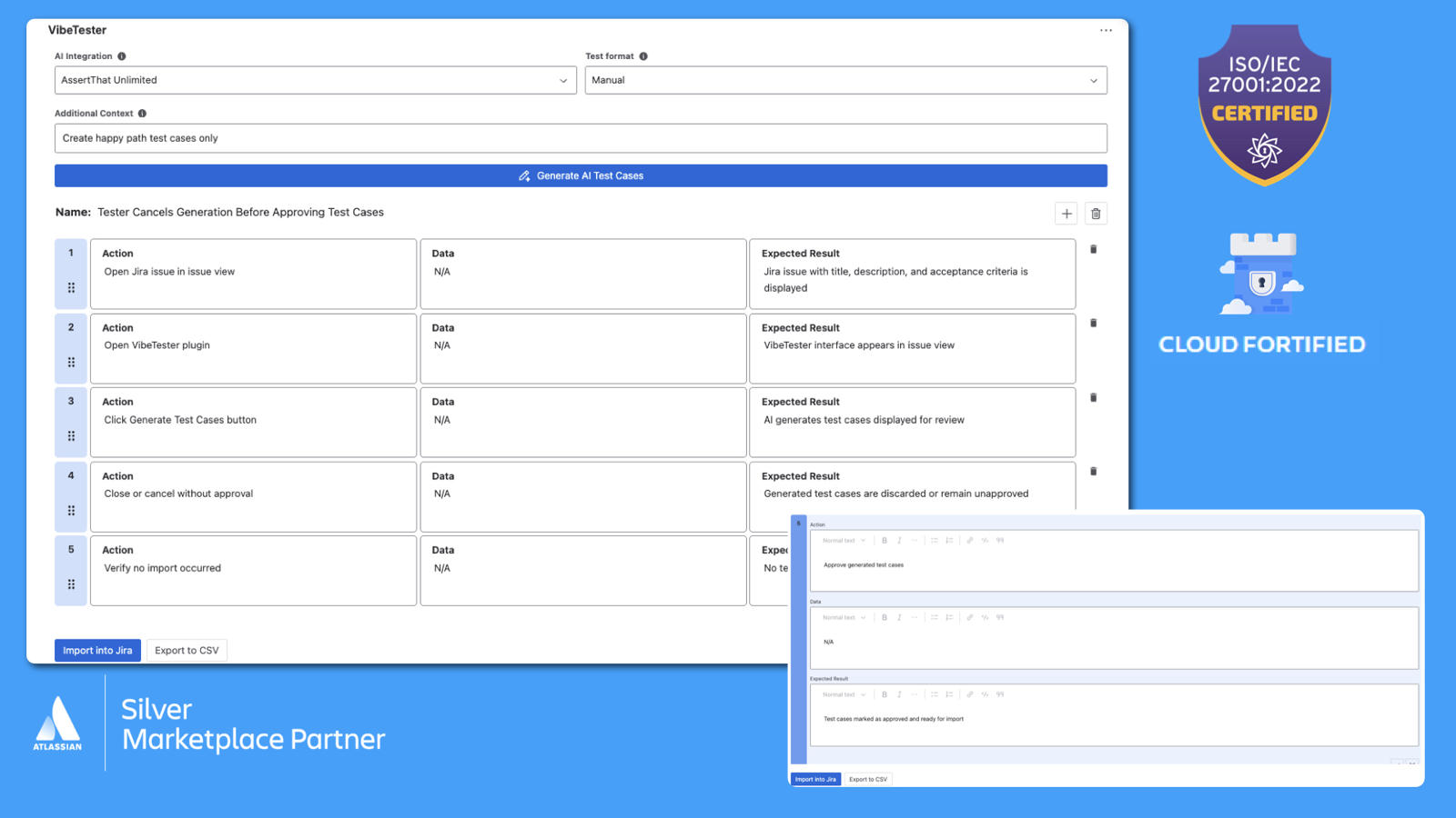 AI drafts test cases directly from Jira issues, while you stay in control through review and editing before anything is saved.