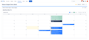 Monthly release calendar view with multiple releases/artifacts from multiple projects. Color coding by status. Ability to navigate forward and backwards.