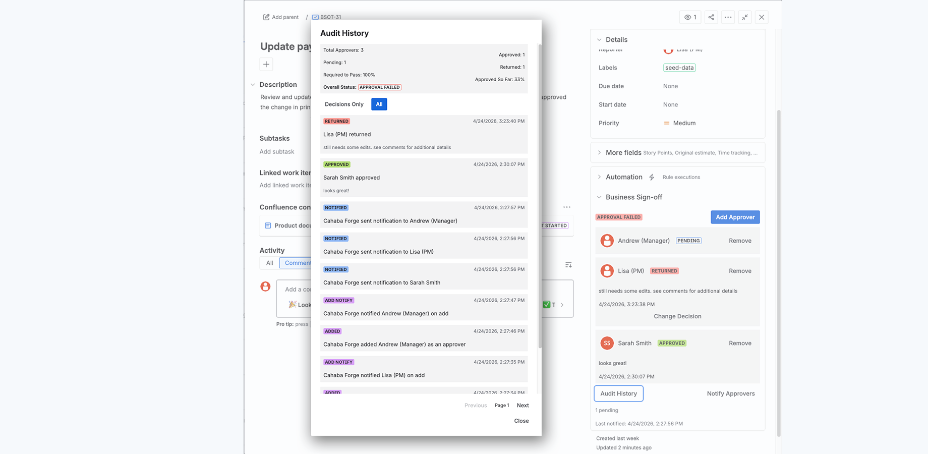 See who approved, what changed, and when, with CSV export and admin audit history for control review.