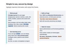 Four Info Panels with different accent colors showing bold, italic, code and highlighted text. Content includes feature lists, security details and brand settings, all formatted with the Atelier rich text editor