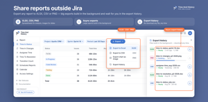 One click exports any of the five reports to XLSX or CSV, or the chart as PNG. Large exports build in the background and wait in Export History until you download them, ready to re-download any time.