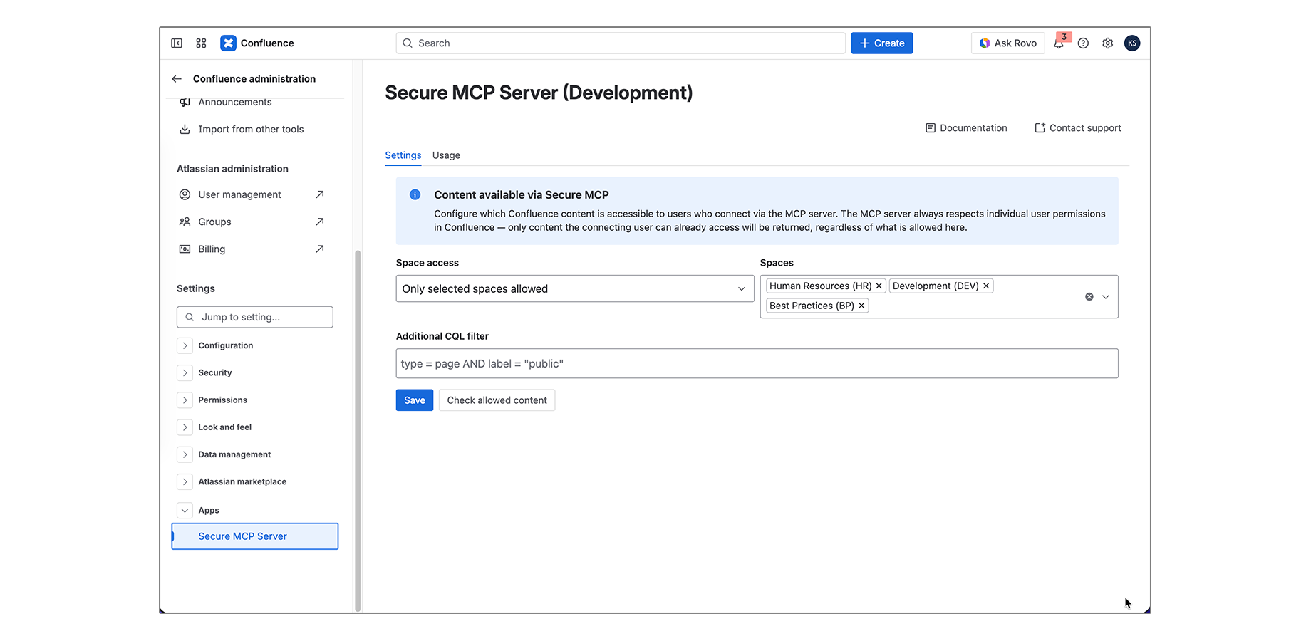 The Secure MCP Server settings page, where admins set space-level access rules and an optional CQL filter for MCP tool calls.