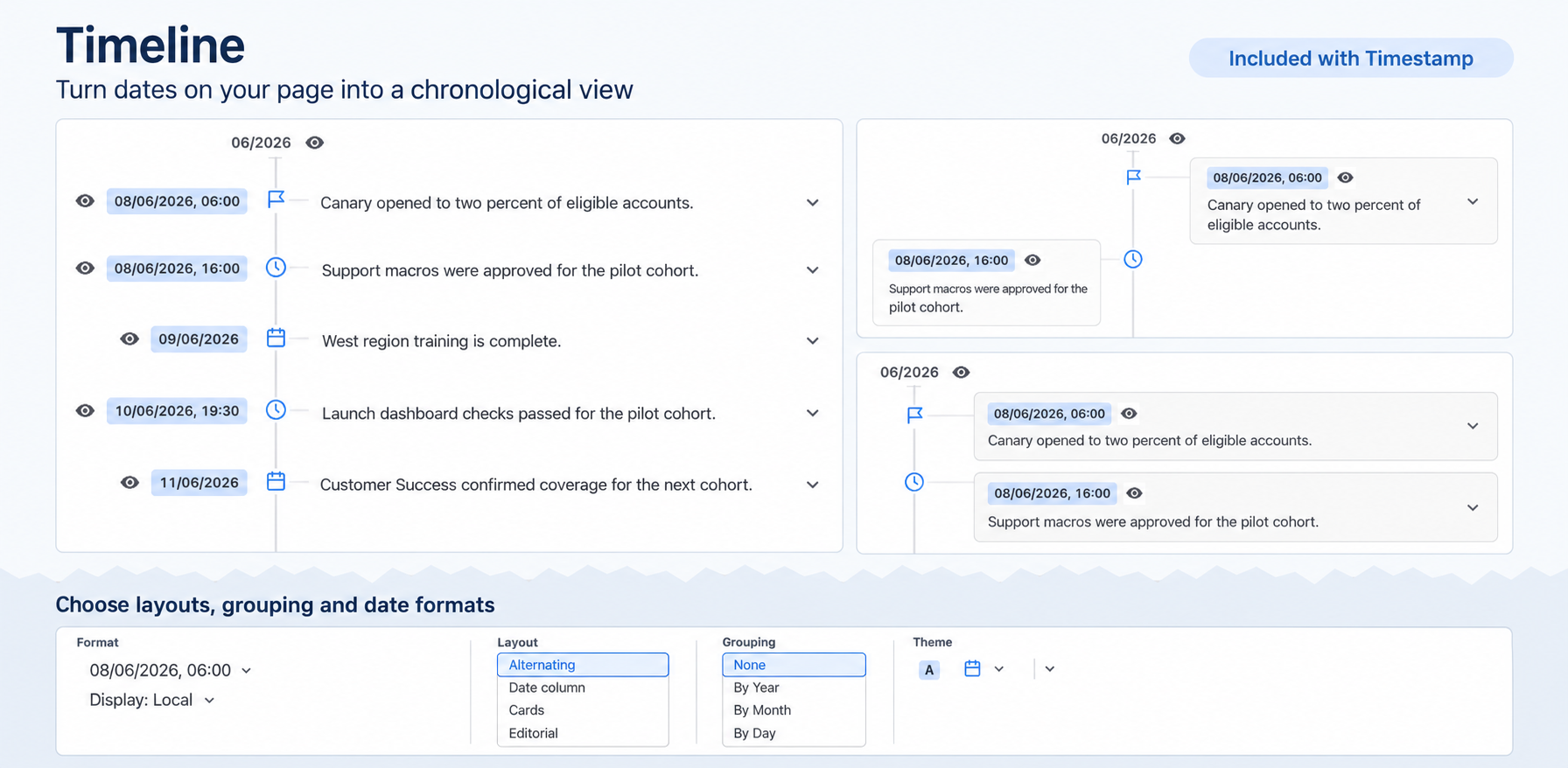 The same page events in Date column, Alternating and Cards layouts, with configurable settings.