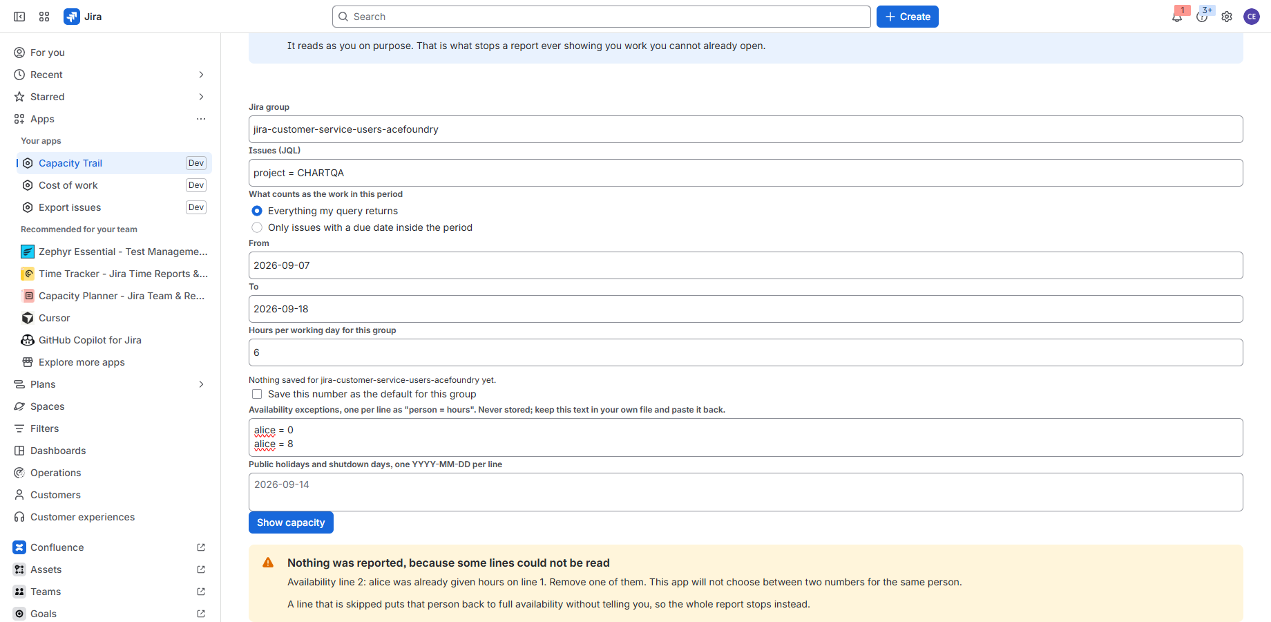 Warning panel identifying duplicate availability inputs and explaining why no report was published.