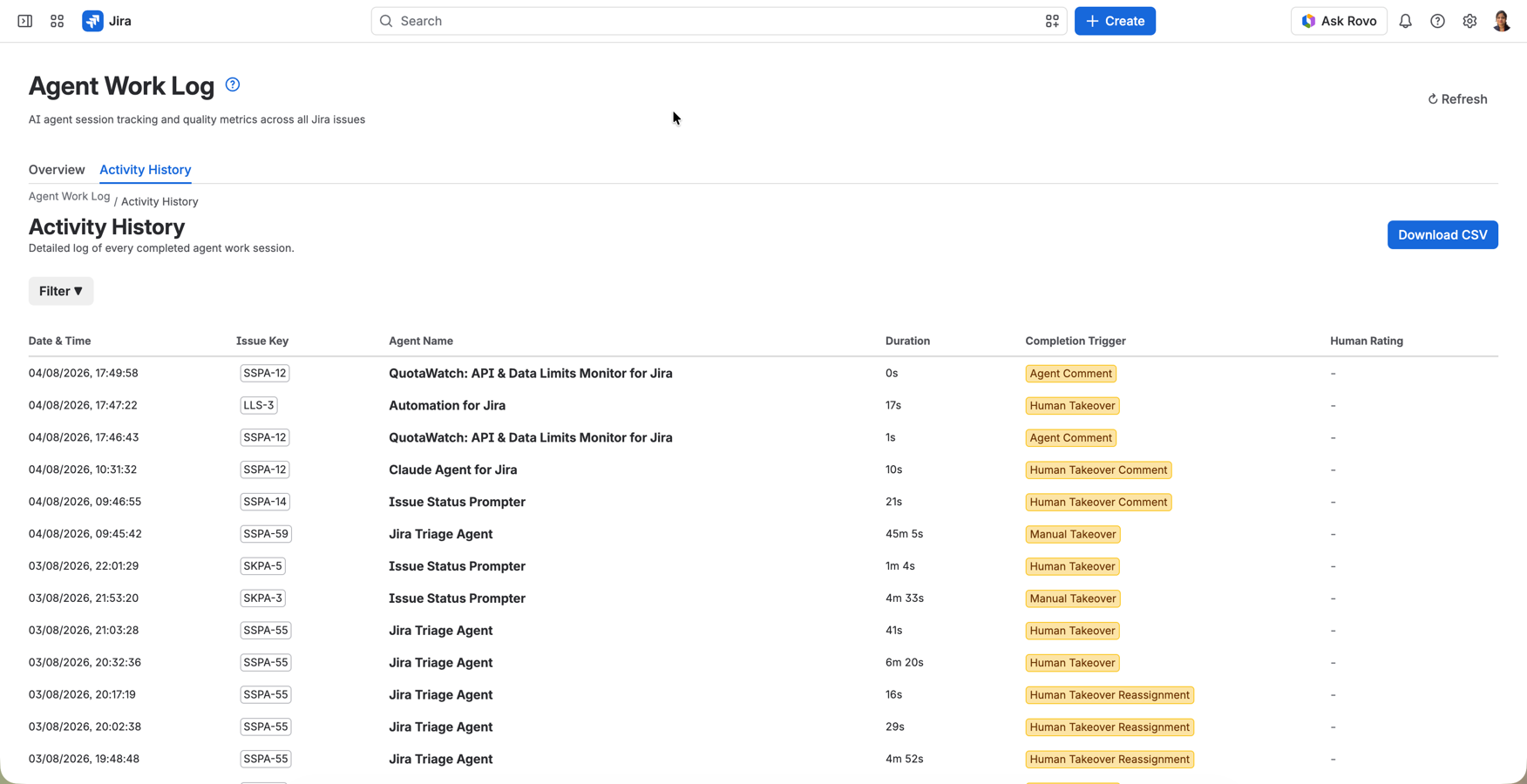 Audit-ready event log and CSV exporter ensuring full compliance transparency across all automated Jira actions.